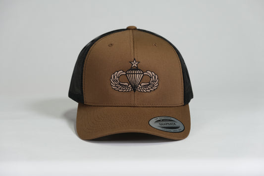 Senior Airborne Badge Embroidered Coyote Retro Trucker Cap